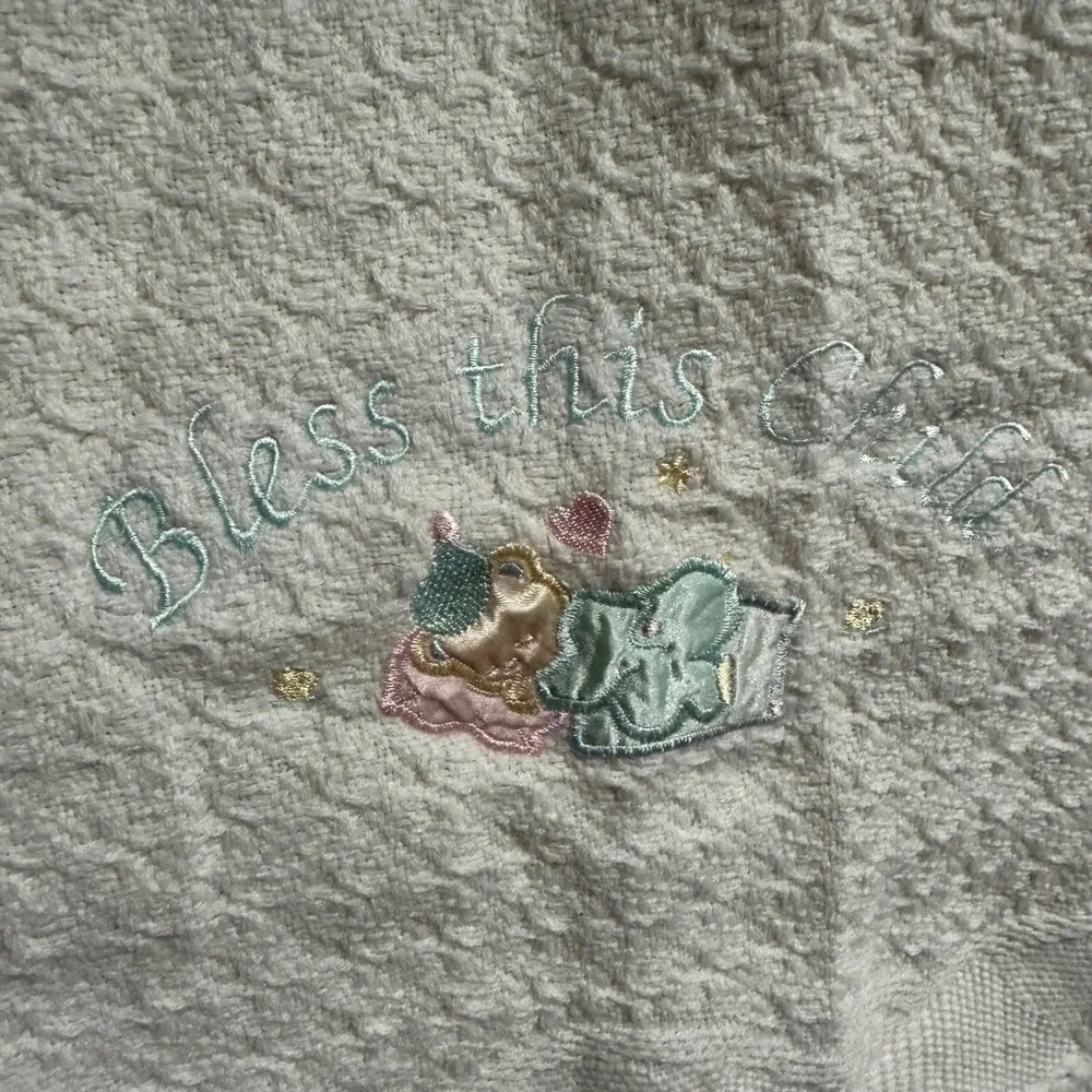 Embroidered‎ Bless This Child Baby Blanket White Fringed Woven Religious